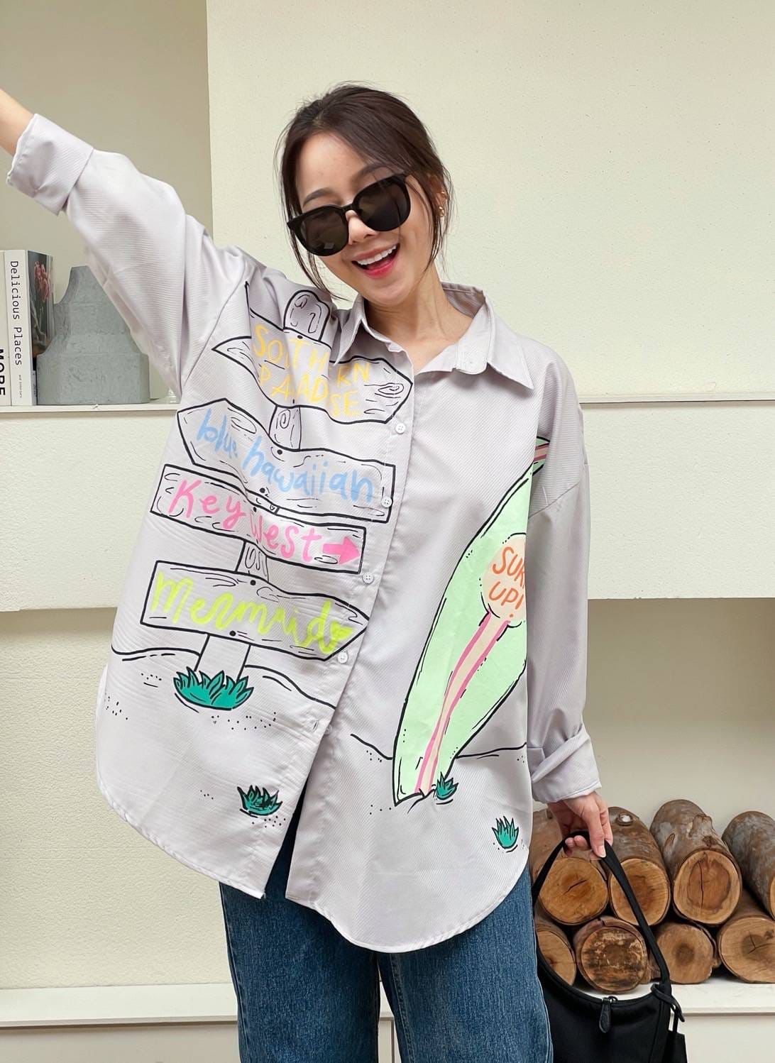 Oversize Style Shirt Surfs Up Grey