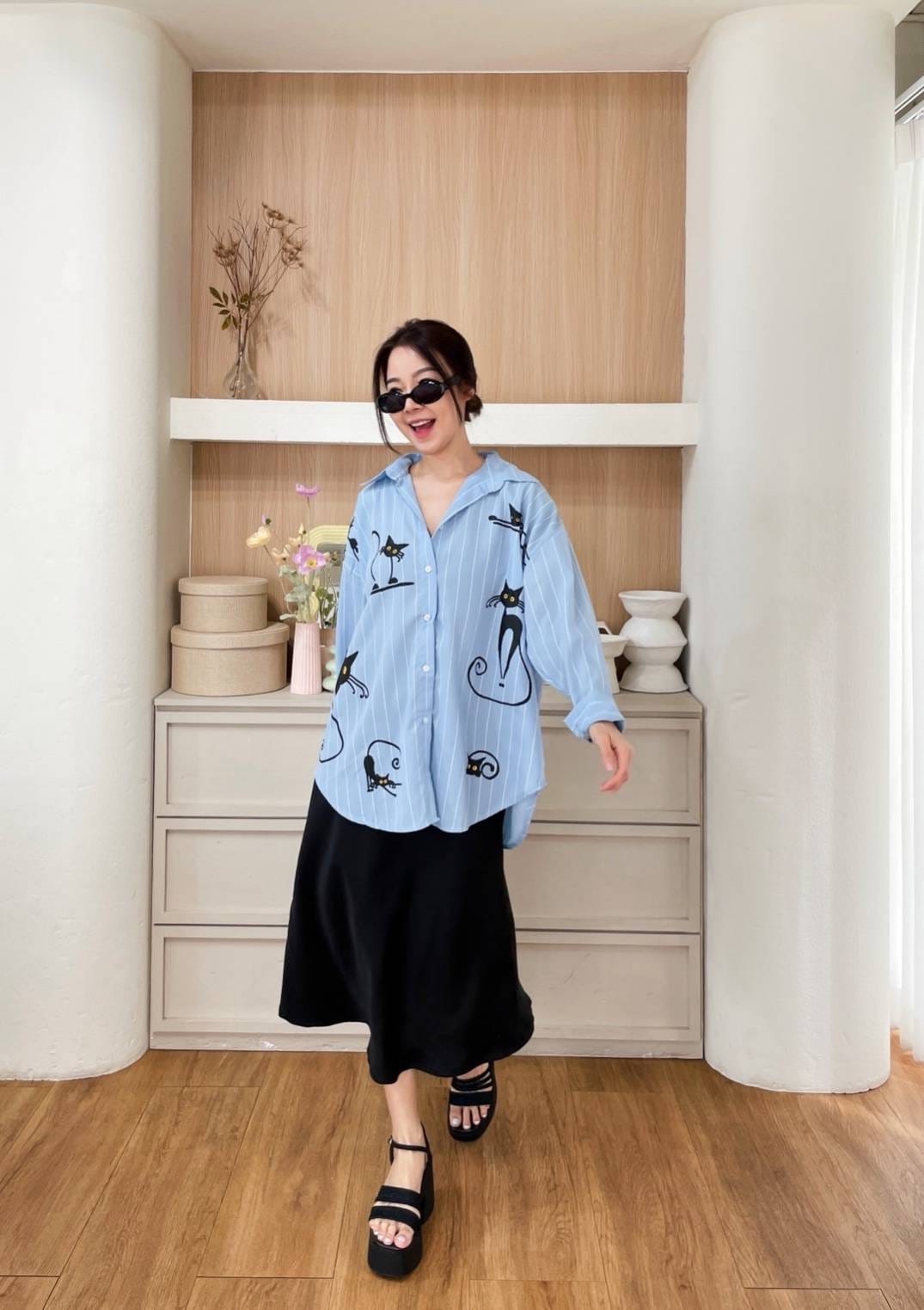 Oversize Style Shirt Cat Nap Blue