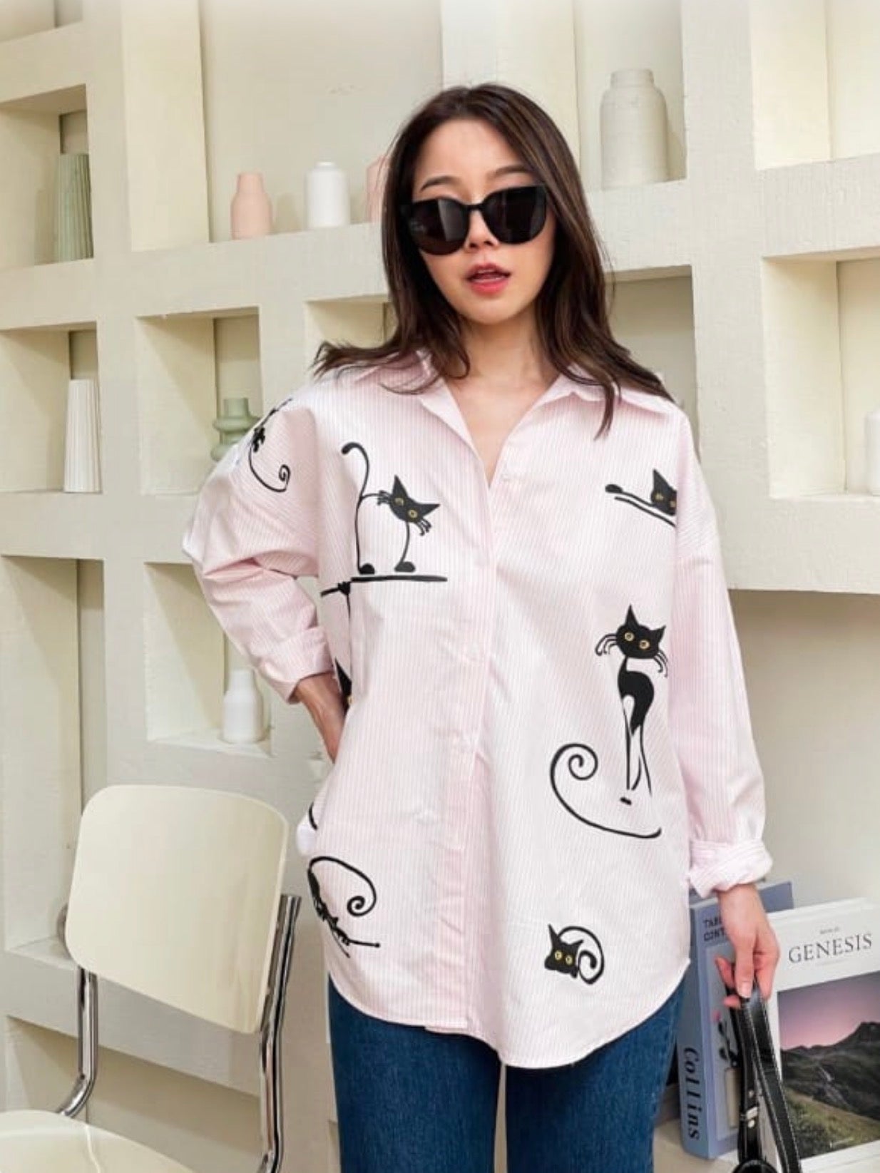 Oversize Style Shirt Cat Nap pink