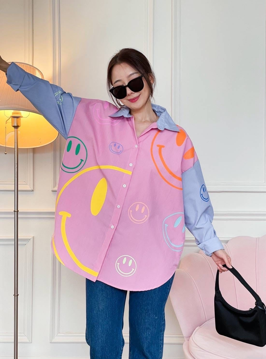 Oversize Style Shirt Multi coloured Smiley pink