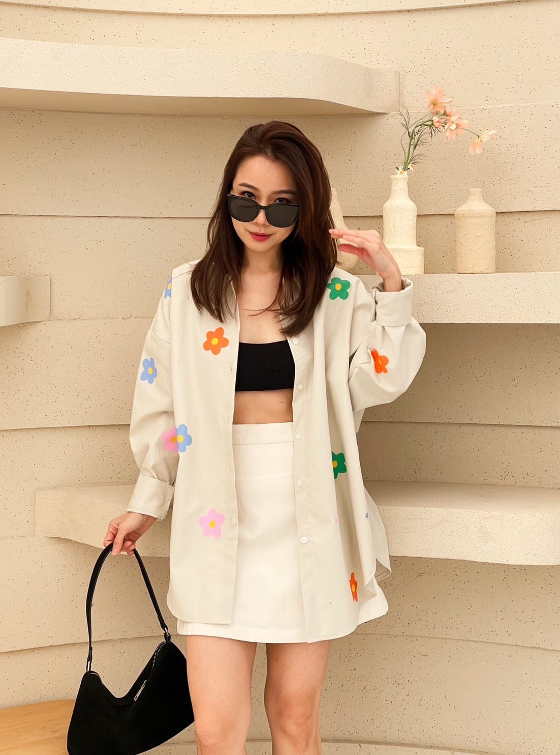 Oversize Style Shirt Flower power cream