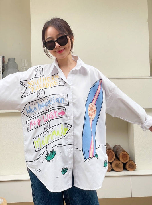 Oversize Style Shirt Surfs Up White