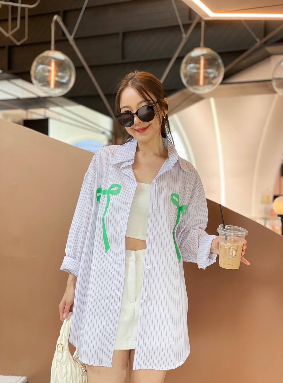 Oversize Style Shirt Green Bow