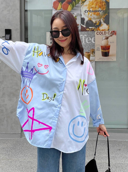 Oversize Style Shirt have a nice day BLUE