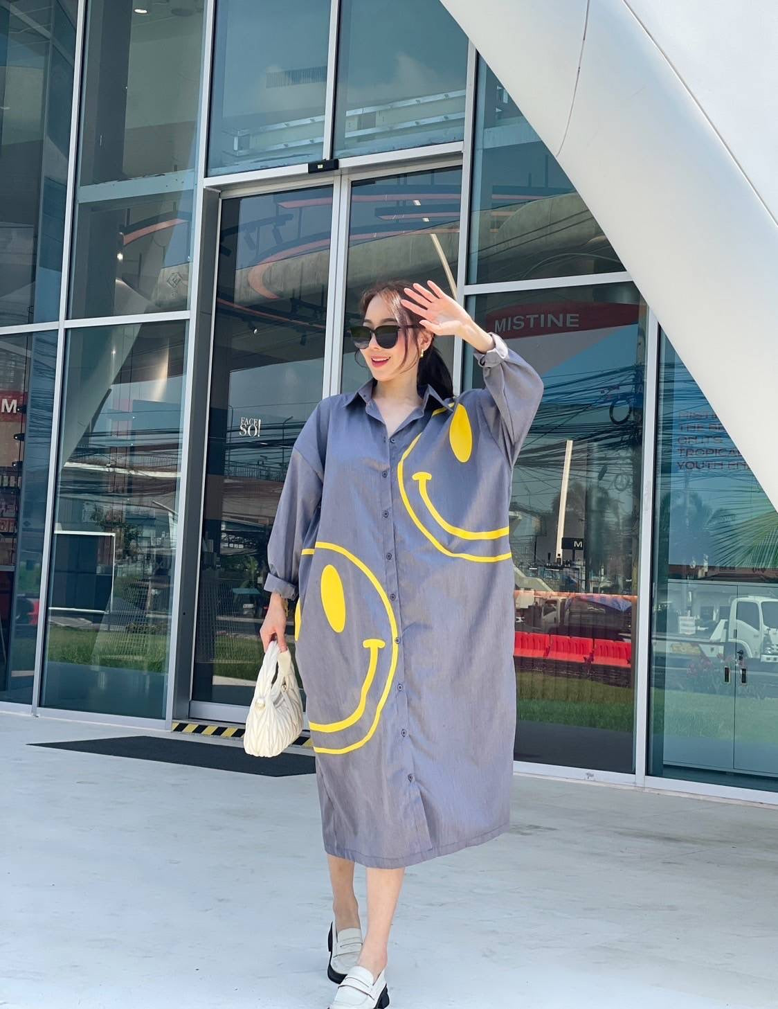 Oversize Style Shirt Dress grey smiley