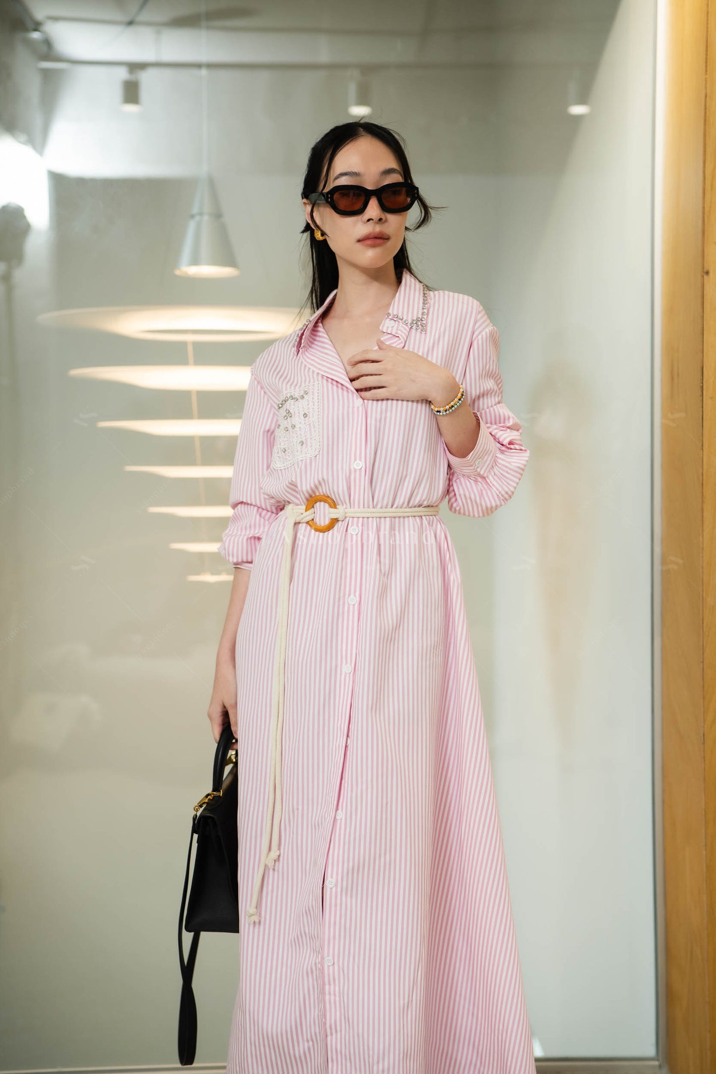 Striped maxi dress pink with a belt