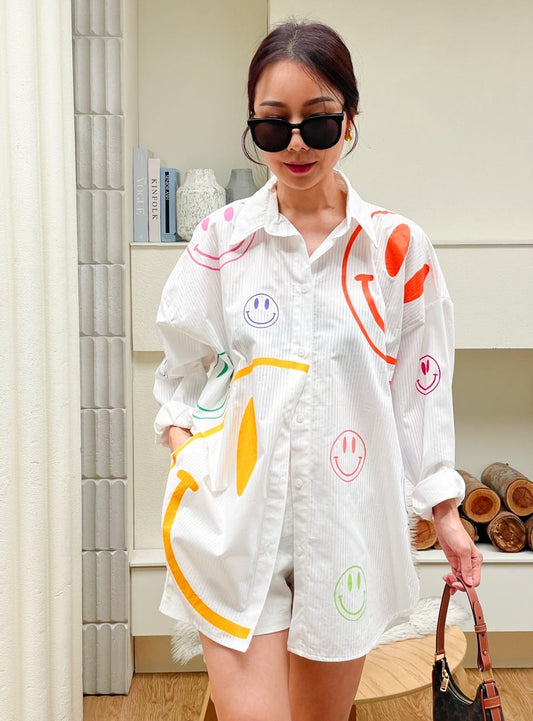 Oversize Style Shirt Multi coloured Smiley White