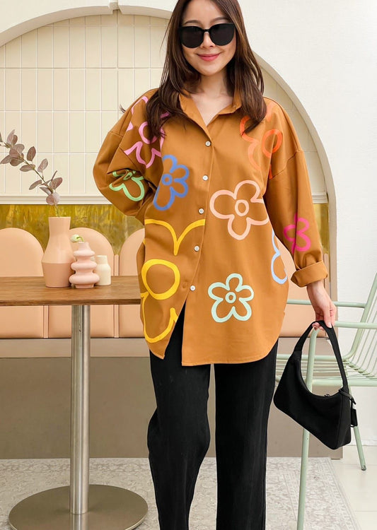 Oversize Style Shirt Floral Brown light