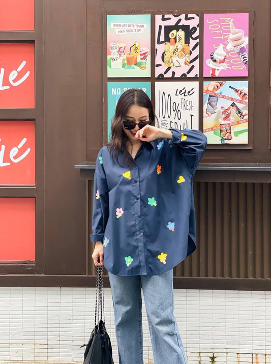 Oversize Style Shirt Floral fun blue