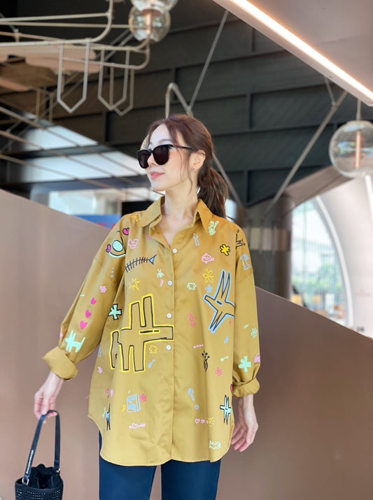 Oversize Style Shirt Good vibes only Mustard