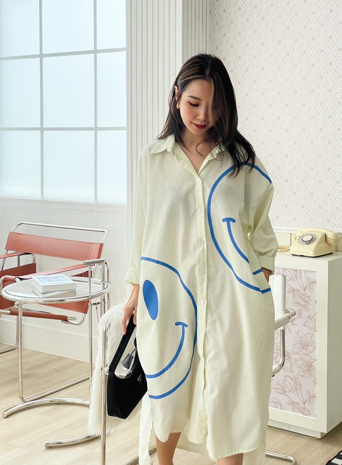 Oversize Style Shirt Dress blue smiley