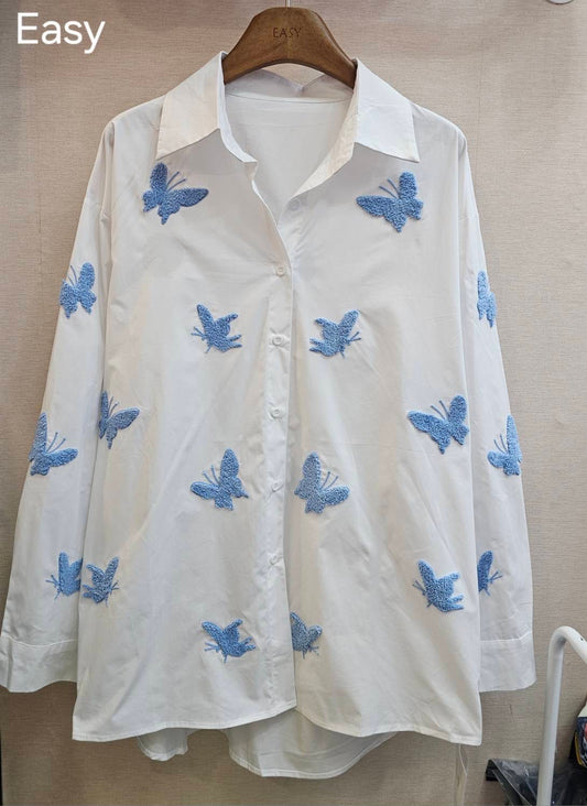 Butterfly shirt blue on white