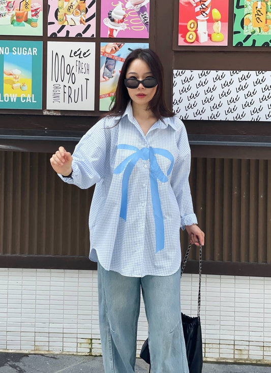 Oversize Style Shirt Bow down Blue